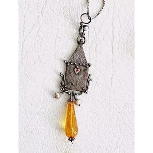 Artisan Sterling House Pendant Enamel Heart Dangle Whimsical Art To Wear 2.5"